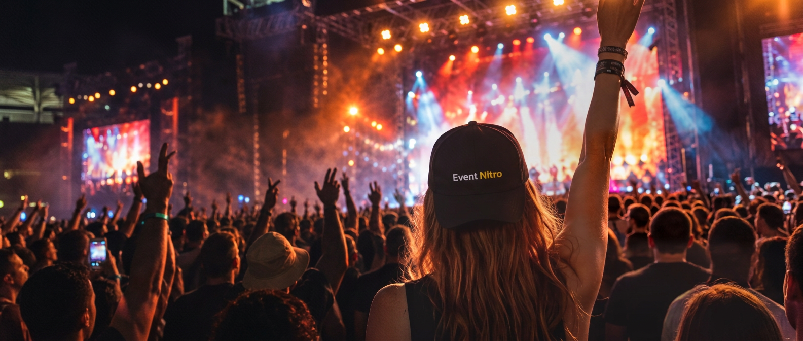 Event attendee wearing an Event Nitro cap in front of a live-event stage
